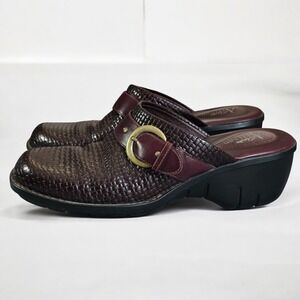 Clarks Artisan Slip-On Clogs Woven Leather‎ Buckle Detail Burgundy 10M Comfort